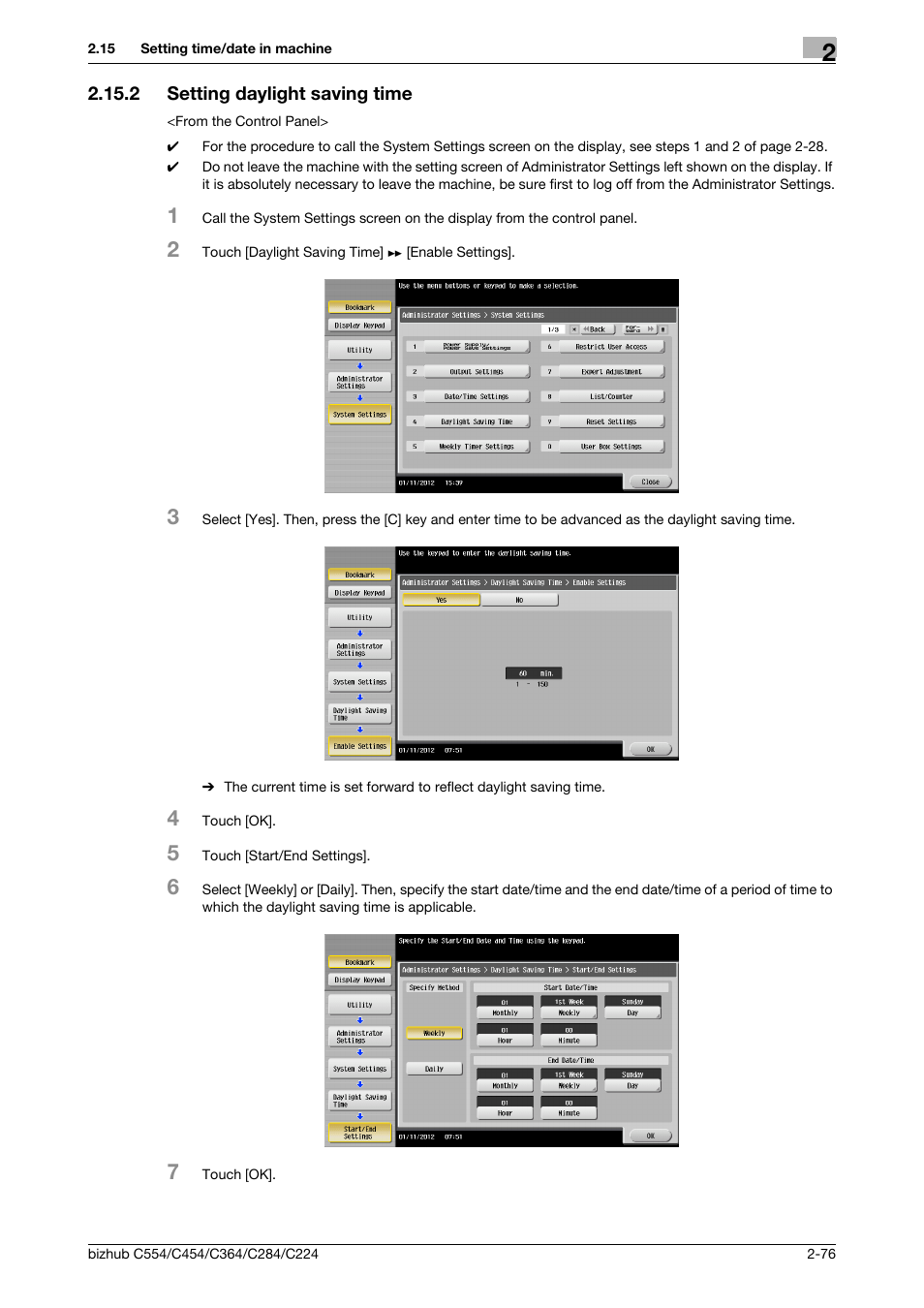 2 setting daylight saving time, Setting daylight saving time -76 | Konica Minolta bizhub C364 User Manual | Page 92 / 195