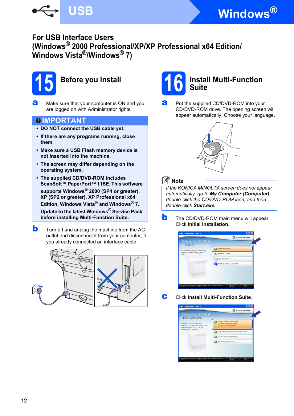 15 before you install, 16 install multi-function suite, Windows | Konica Minolta bizhub 20 User Manual | Page 12 / 31