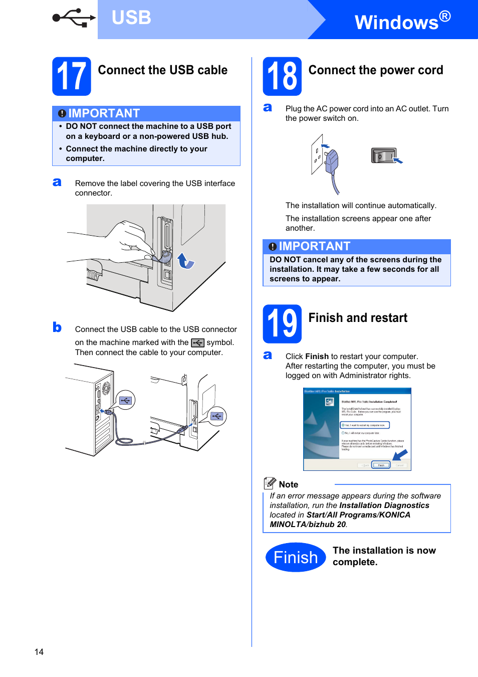 17 connect the usb cable, 18 connect the power cord, 19 finish and restart | Windows, Finish | Konica Minolta bizhub 20 User Manual | Page 14 / 31