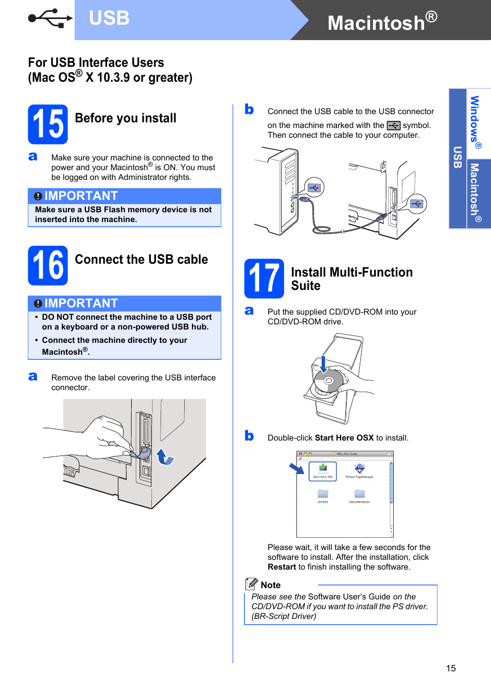 15 before you install, 16 connect the usb cable, 17 install multi-function suite | Macintosh | Konica Minolta bizhub 20 User Manual | Page 15 / 31