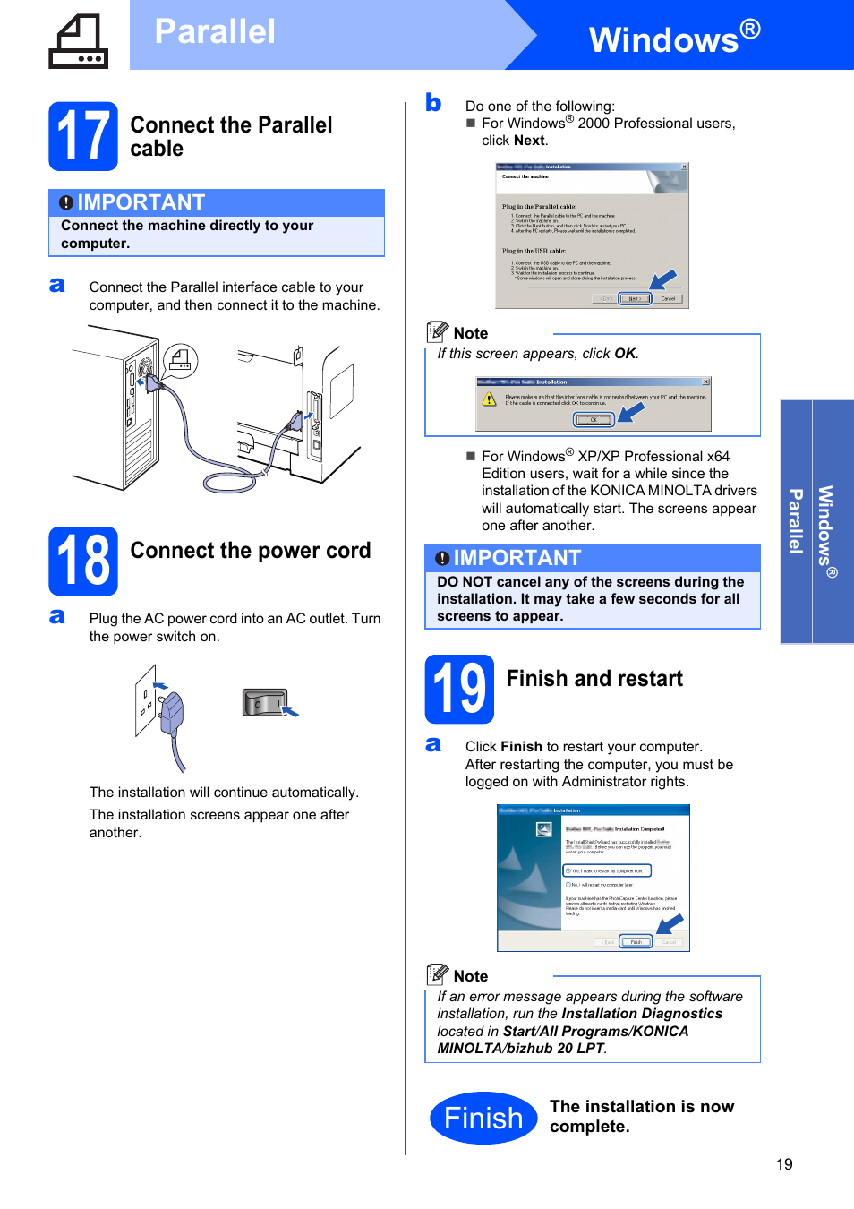 17 connect the parallel cable, 18 connect the power cord, 19 finish and restart | Windows, Parallel, Finish | Konica Minolta bizhub 20 User Manual | Page 19 / 31