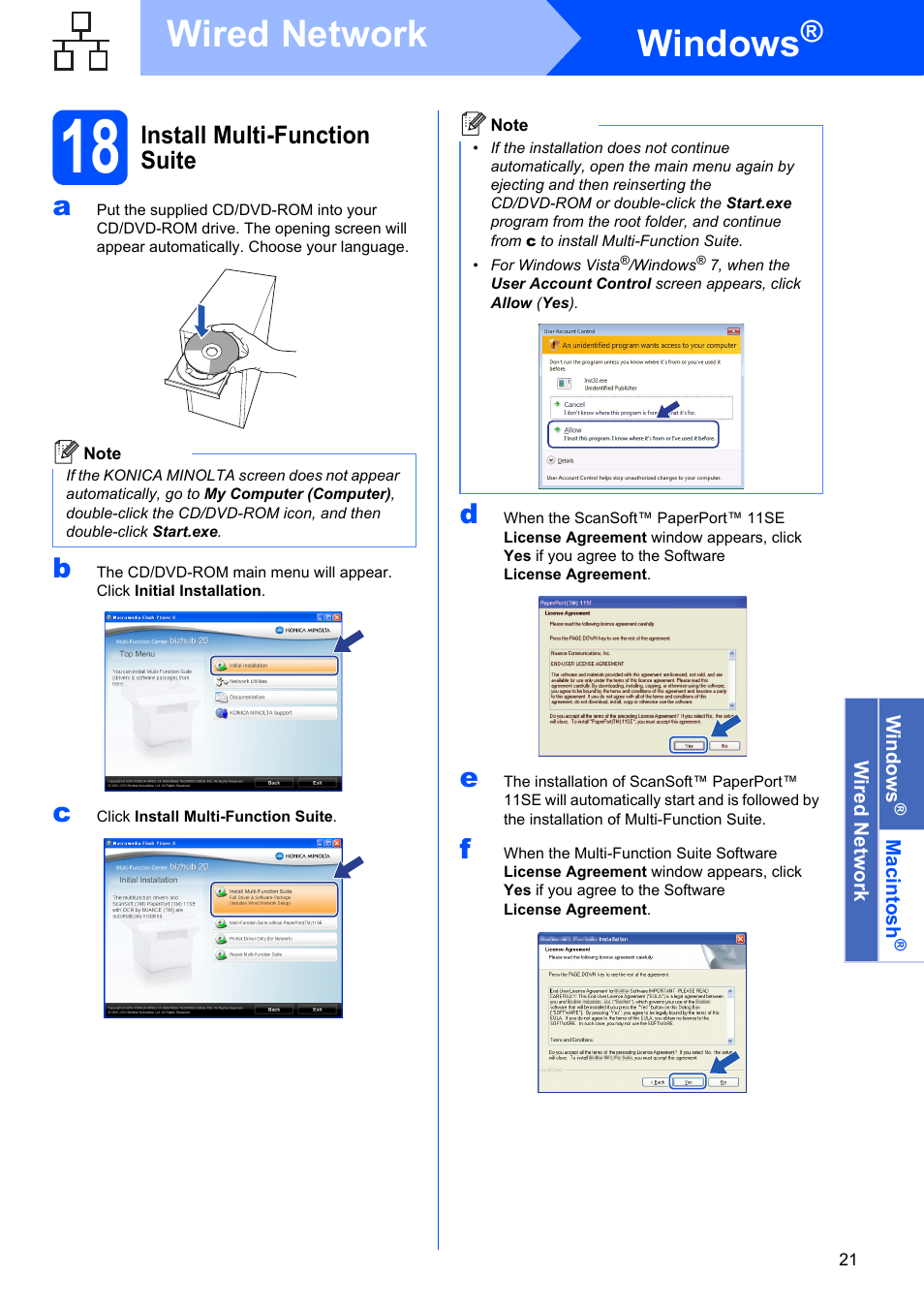 18 install multi-function suite, Windows, Wired network | Konica Minolta bizhub 20 User Manual | Page 21 / 31