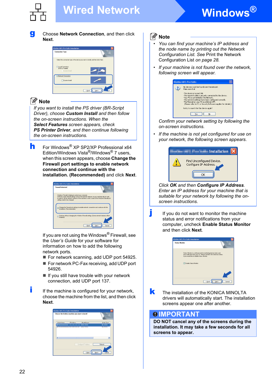 Windows, Wired network, Important | Konica Minolta bizhub 20 User Manual | Page 22 / 31