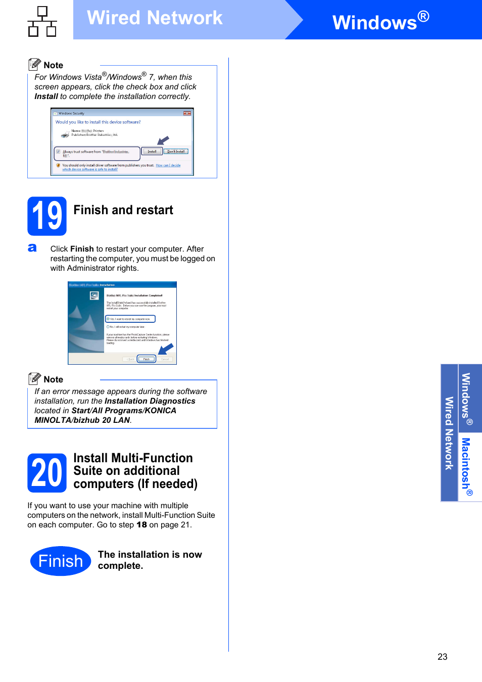 19 finish and restart, Windows, Wired network | Finish | Konica Minolta bizhub 20 User Manual | Page 23 / 31