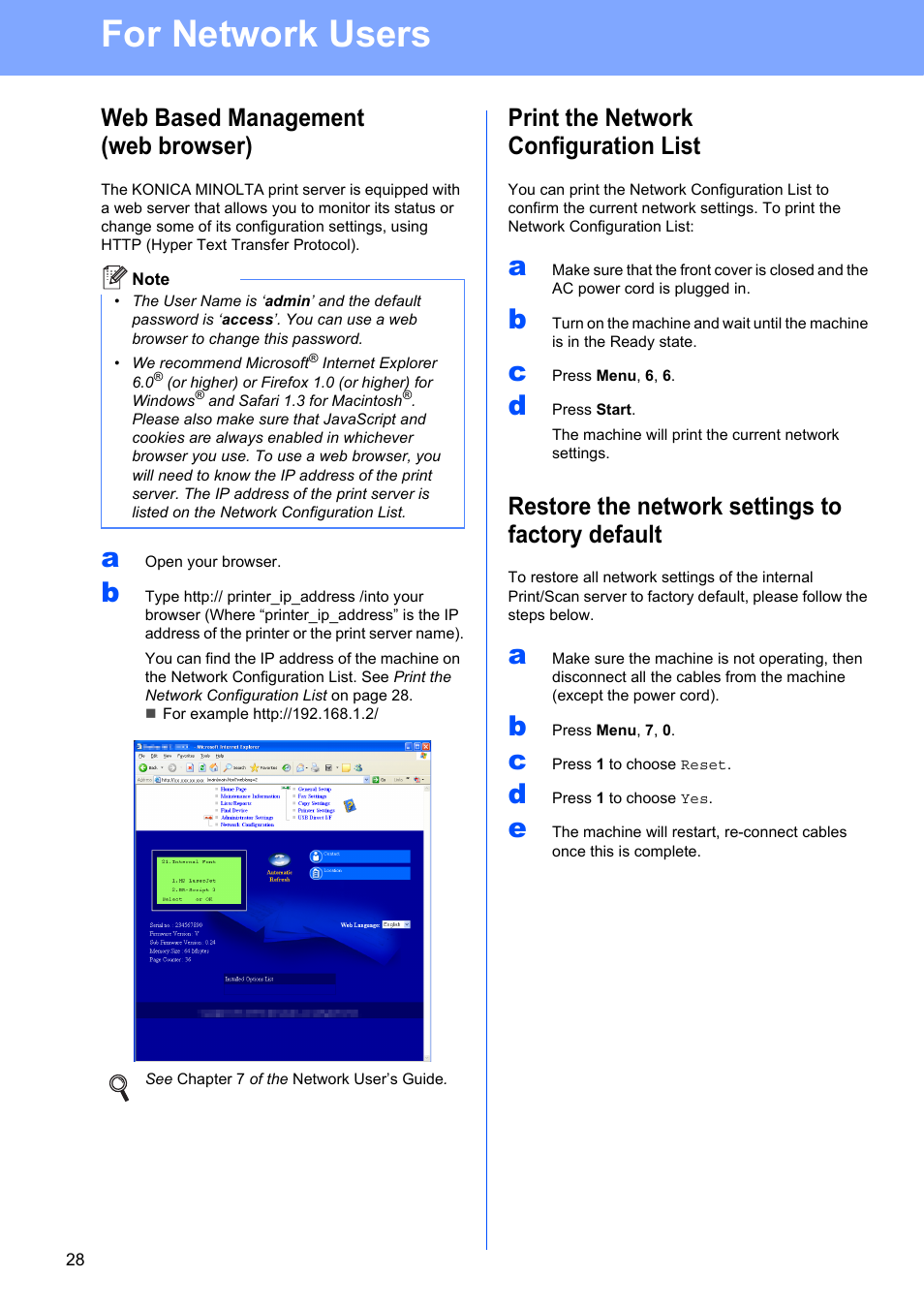 Web based management (web browser), Print the network configuration list, Restore the network settings to factory default | For network users | Konica Minolta bizhub 20 User Manual | Page 28 / 31