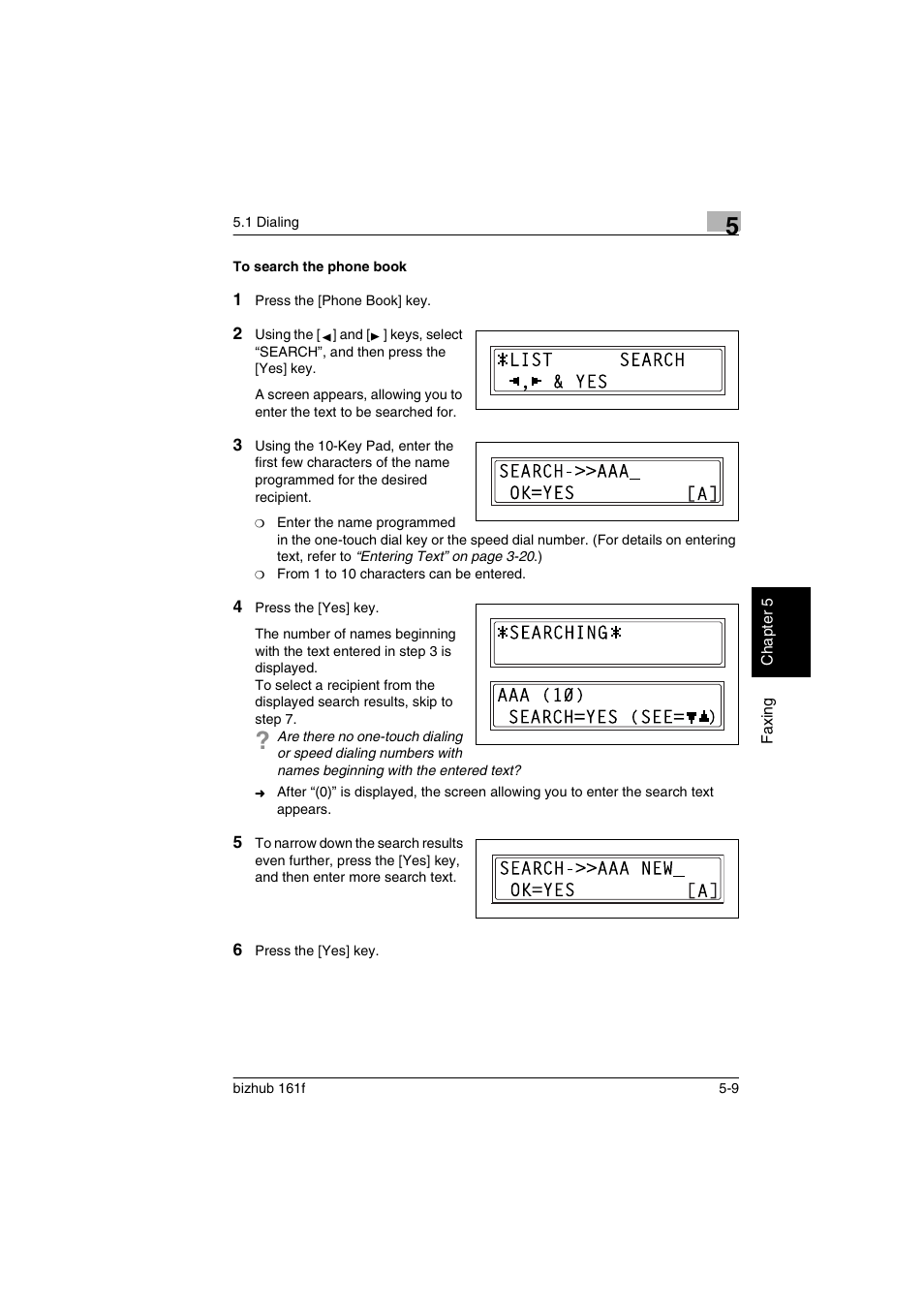 To search the phone book, To search the phone book -9, To search | Konica Minolta bizhub 161f User Manual | Page 112 / 284