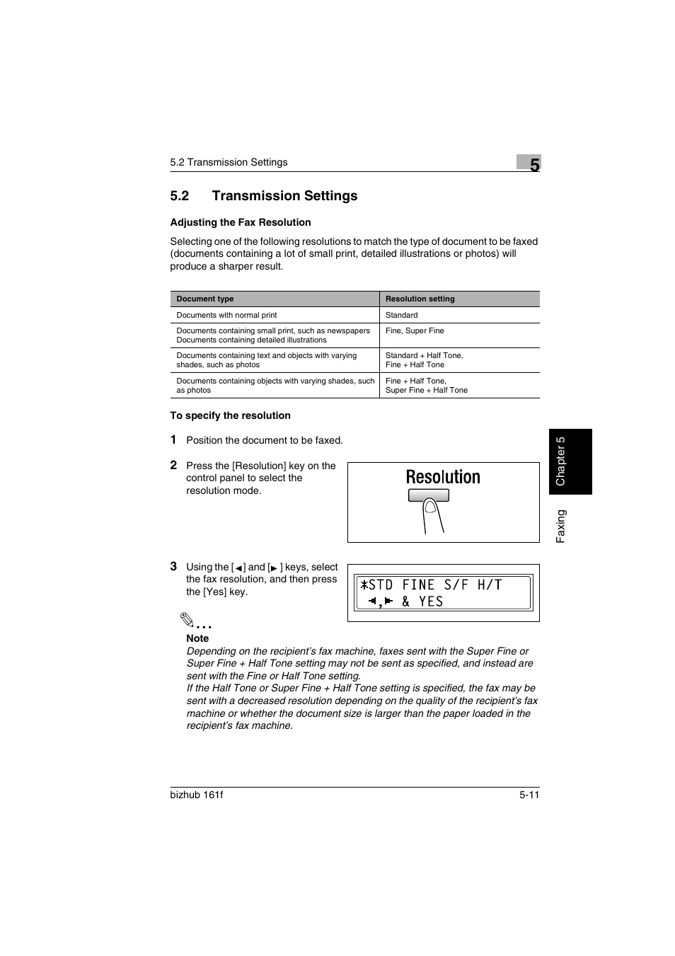 2 transmission settings, Adjusting the fax resolution, To specify the resolution | Transmission settings -11, Ng (p. 5-11), P. 5-11) | Konica Minolta bizhub 161f User Manual | Page 114 / 284