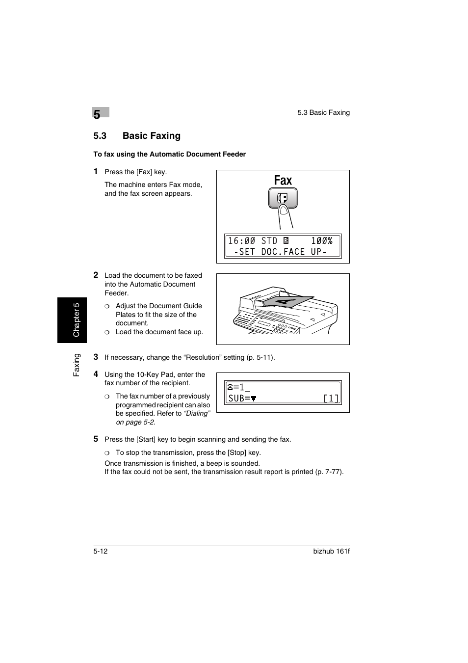 3 basic faxing, To fax using the automatic document feeder, Basic faxing -12 | To fax using the automatic document feeder -12 | Konica Minolta bizhub 161f User Manual | Page 115 / 284