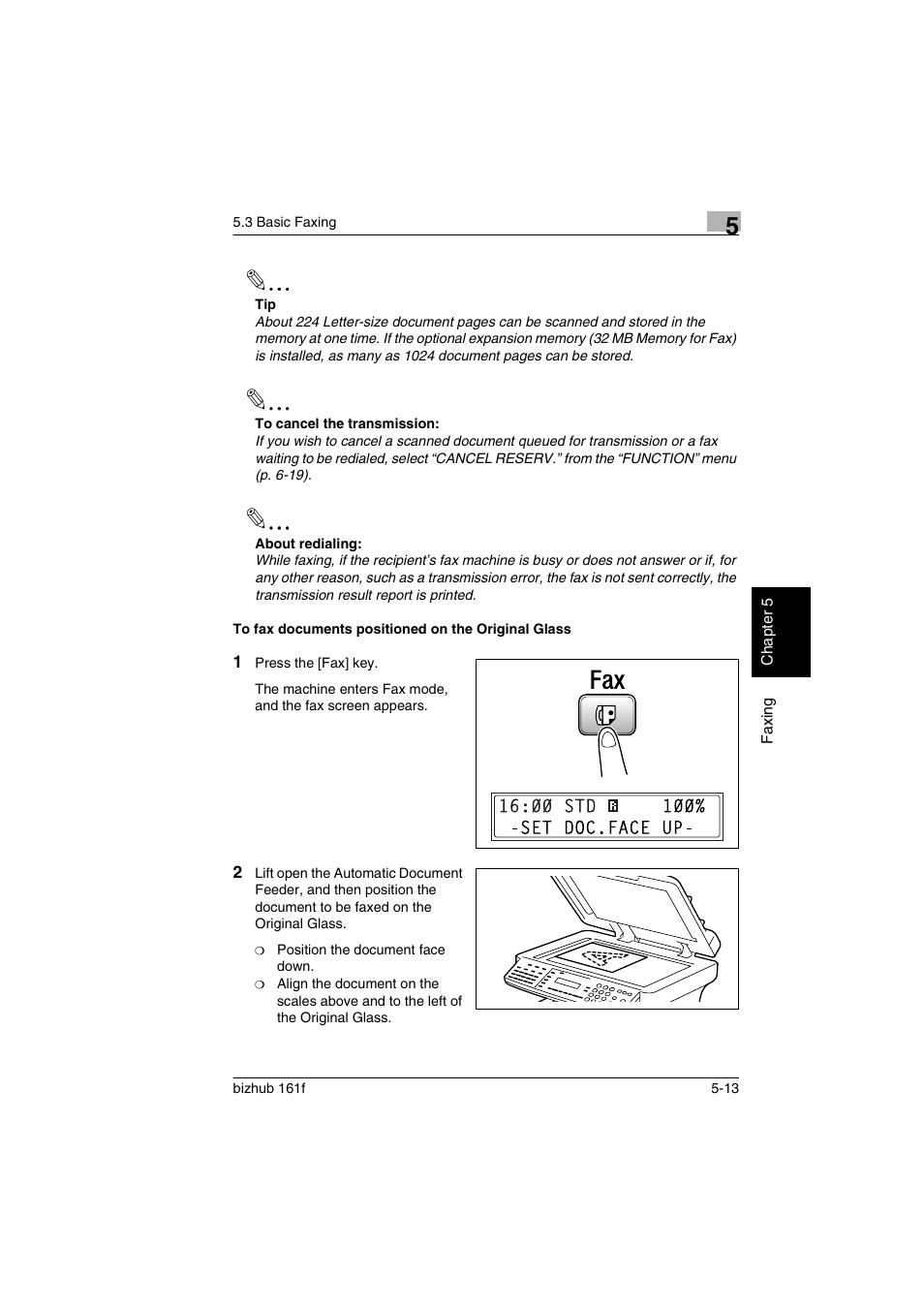 To fax documents positioned on the original glass | Konica Minolta bizhub 161f User Manual | Page 116 / 284