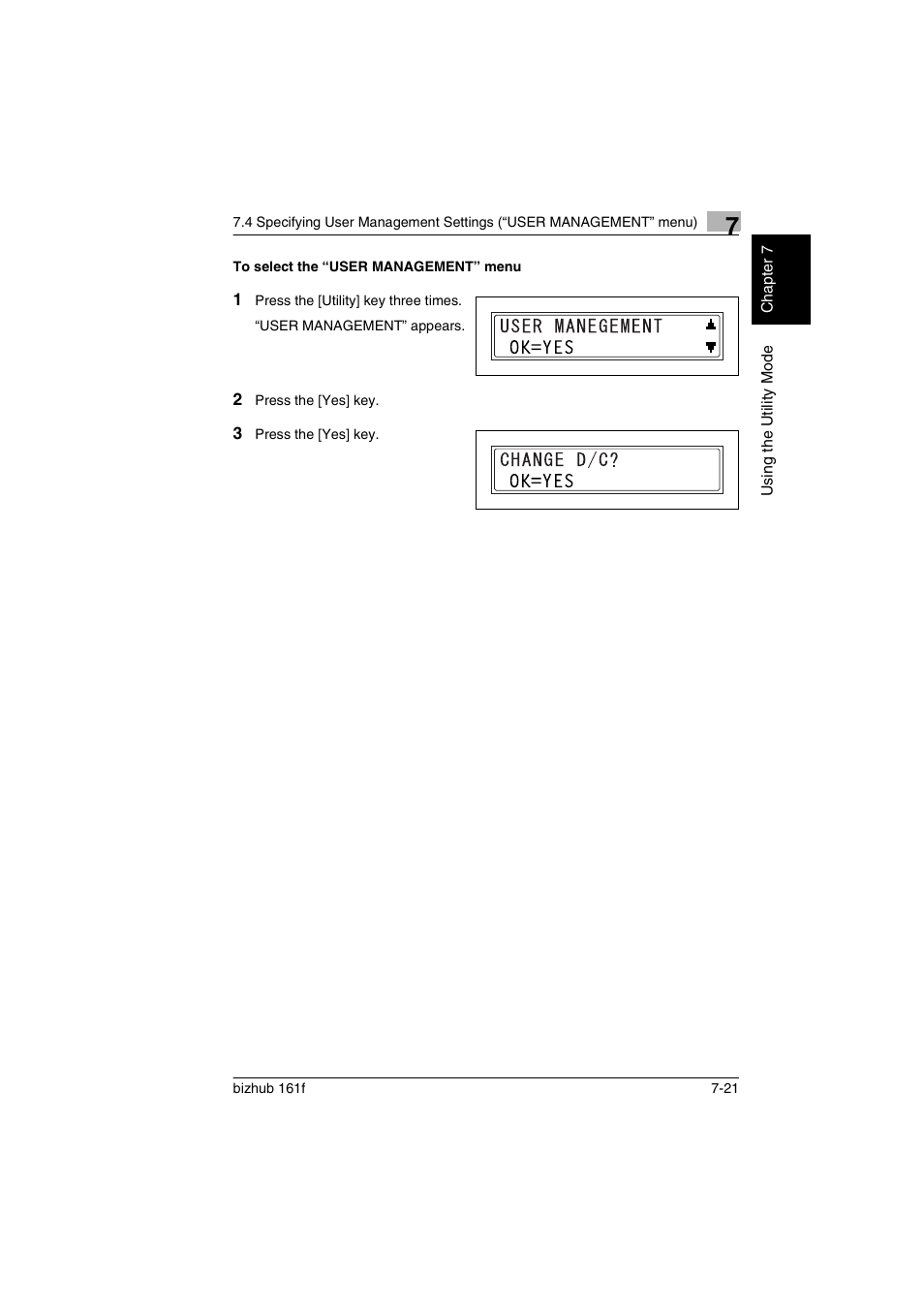 To select the “user management” menu, To select the “user management” menu -21 | Konica Minolta bizhub 161f User Manual | Page 168 / 284