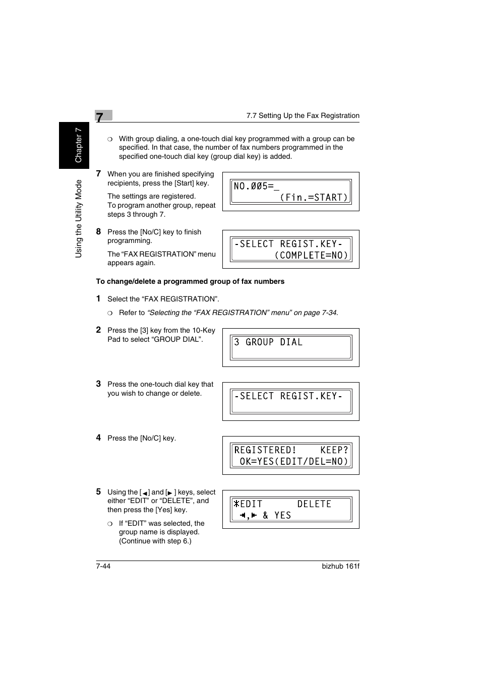 To change/delete a programmed group of fax numbers | Konica Minolta bizhub 161f User Manual | Page 191 / 284