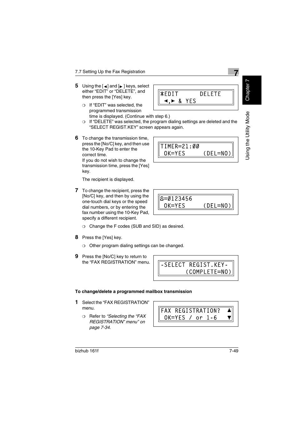 To change/delete a programmed mailbox transmission | Konica Minolta bizhub 161f User Manual | Page 196 / 284