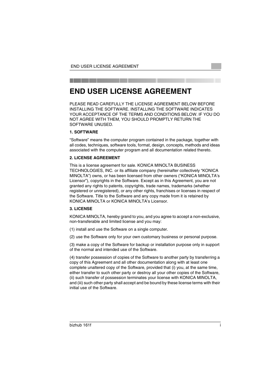 End user license agreement | Konica Minolta bizhub 161f User Manual | Page 2 / 284