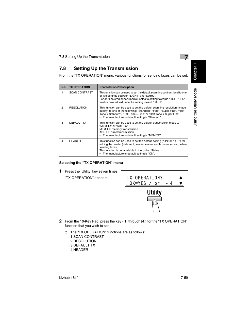 8 setting up the transmission, Selecting the “tx operation” menu, Setting up the transmission -59 | Selecting the “tx operation” menu -59 | Konica Minolta bizhub 161f User Manual | Page 206 / 284