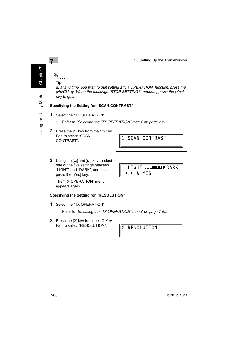 Specifying the setting for “scan contrast, Specifying the setting for “resolution | Konica Minolta bizhub 161f User Manual | Page 207 / 284