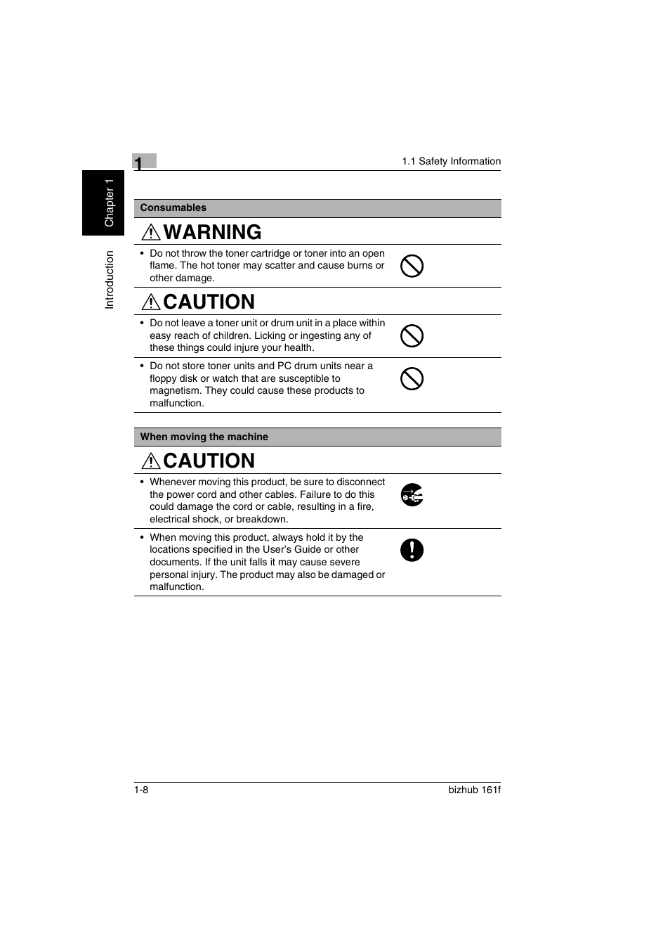 Warning caution, Caution | Konica Minolta bizhub 161f User Manual | Page 21 / 284