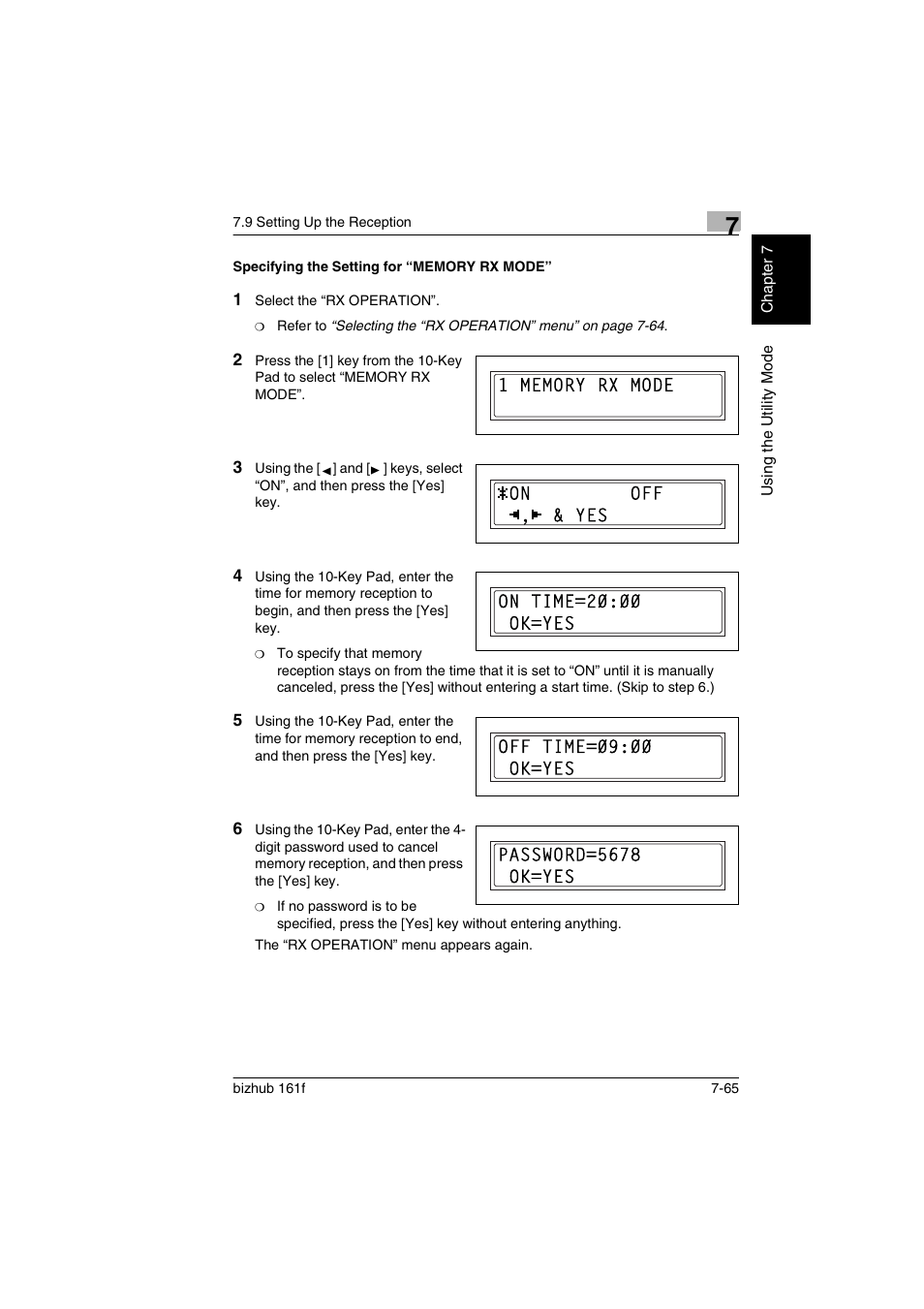 Specifying the setting for “memory rx mode, Specifying the setting for “memory rx mode” -65 | Konica Minolta bizhub 161f User Manual | Page 212 / 284