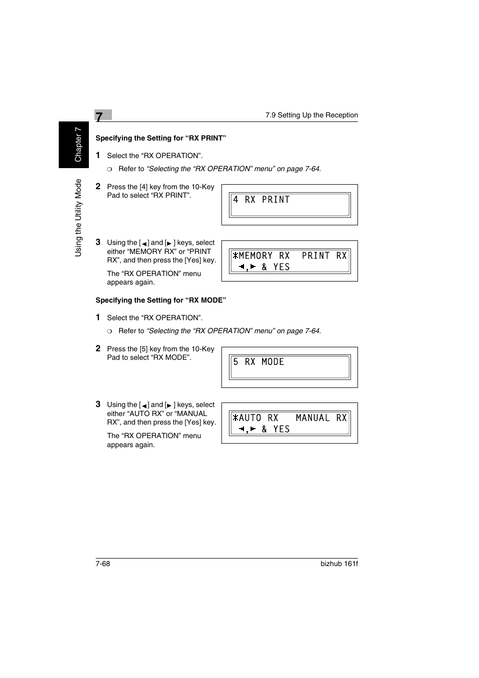 Specifying the setting for “rx print, Specifying the setting for “rx mode | Konica Minolta bizhub 161f User Manual | Page 215 / 284