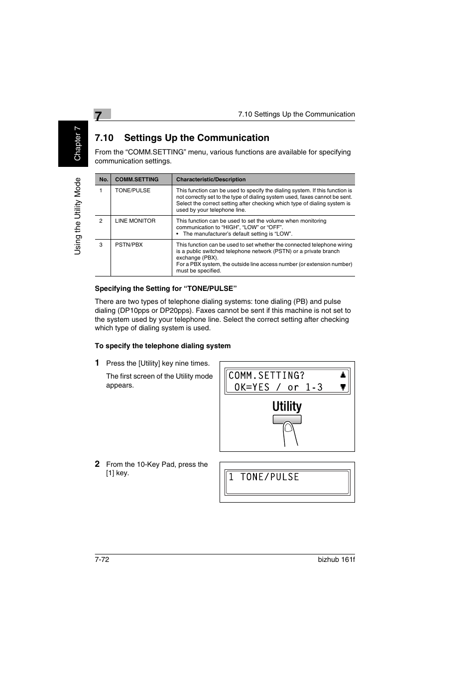 10 settings up the communication, Specifying the setting for “tone/pulse, To specify the telephone dialing system | Settings up the communication -72 | Konica Minolta bizhub 161f User Manual | Page 219 / 284