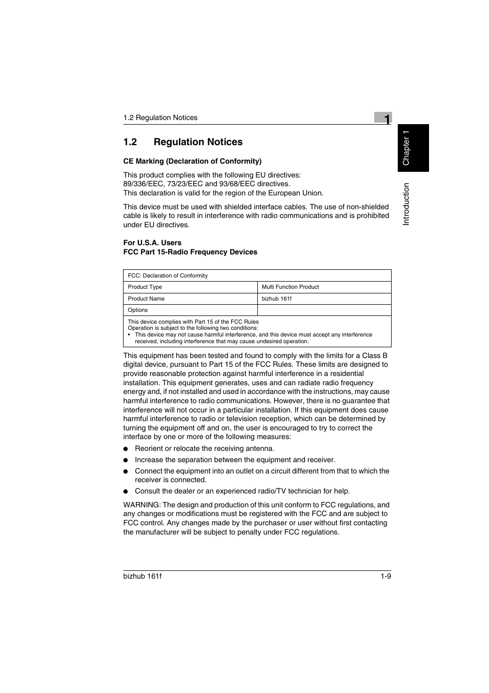 2 regulation notices, Ce marking (declaration of conformity), Regulation notices -9 | Konica Minolta bizhub 161f User Manual | Page 22 / 284