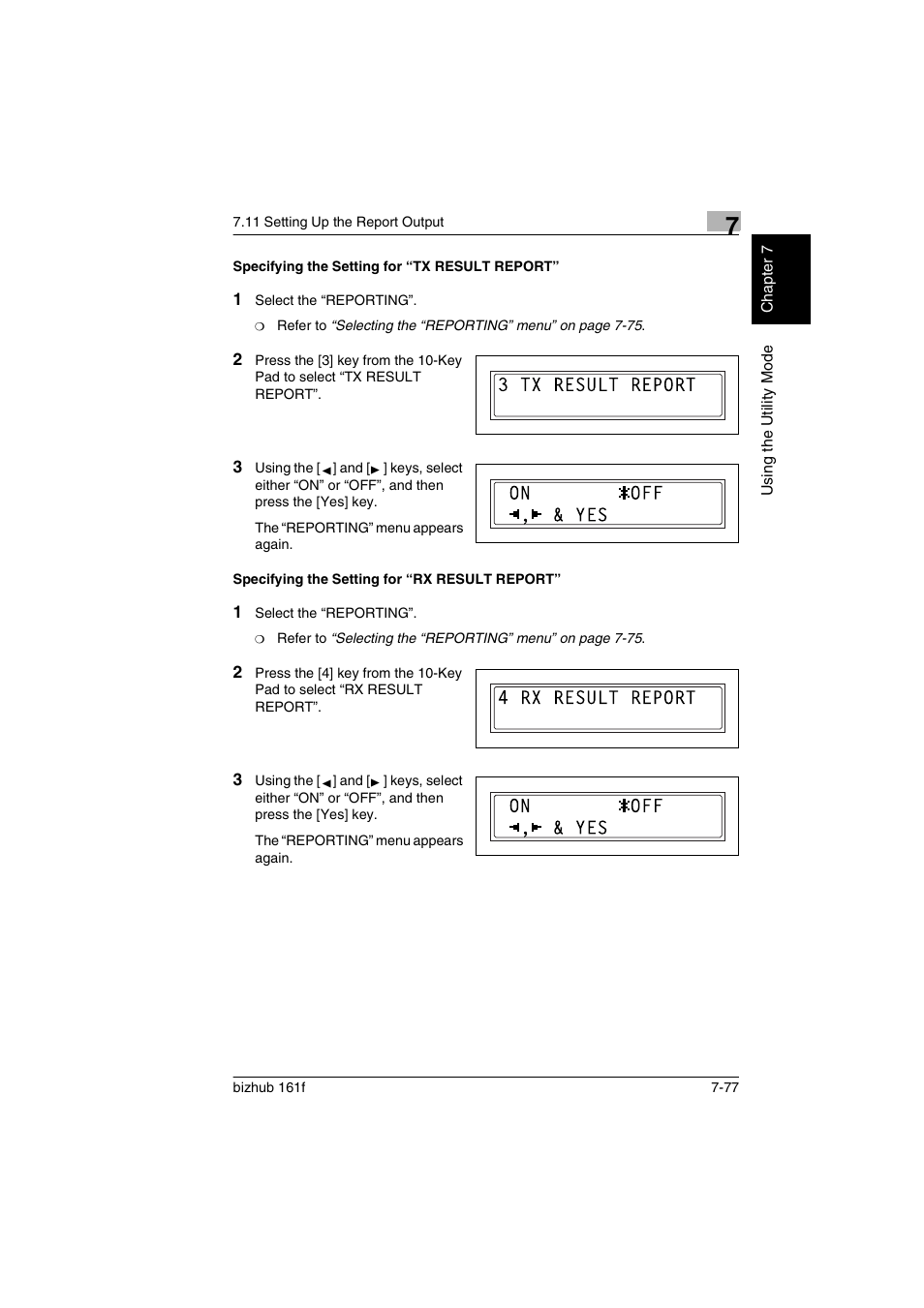 Specifying the setting for “tx result report, Specifying the setting for “rx result report, P. 7-77) | D (p. 7-77), P. 7-77 | Konica Minolta bizhub 161f User Manual | Page 224 / 284