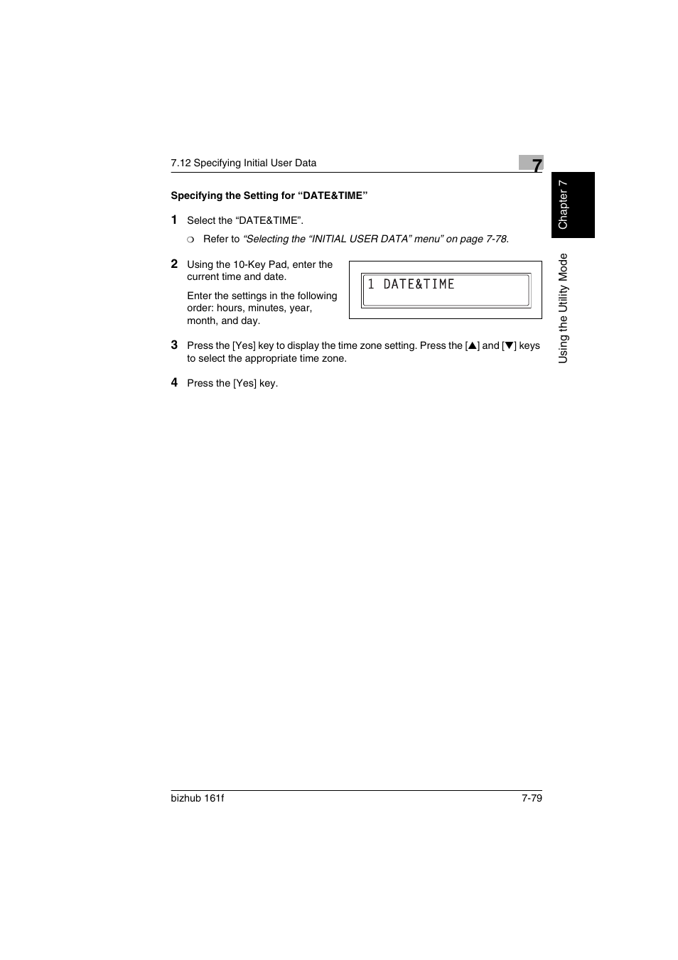 Specifying the setting for “date&time, Specifying the setting for “date&time” -79 | Konica Minolta bizhub 161f User Manual | Page 226 / 284