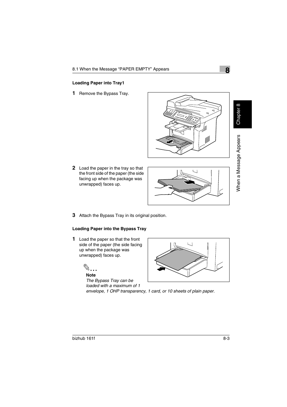 Loading paper into tray1, Loading paper into the bypass tray | Konica Minolta bizhub 161f User Manual | Page 232 / 284