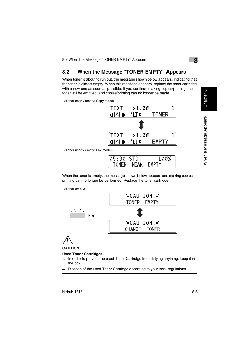 2 when the message “toner empty” appears, When the message “toner empty” appears -5, P. 8-5) | Konica Minolta bizhub 161f User Manual | Page 234 / 284