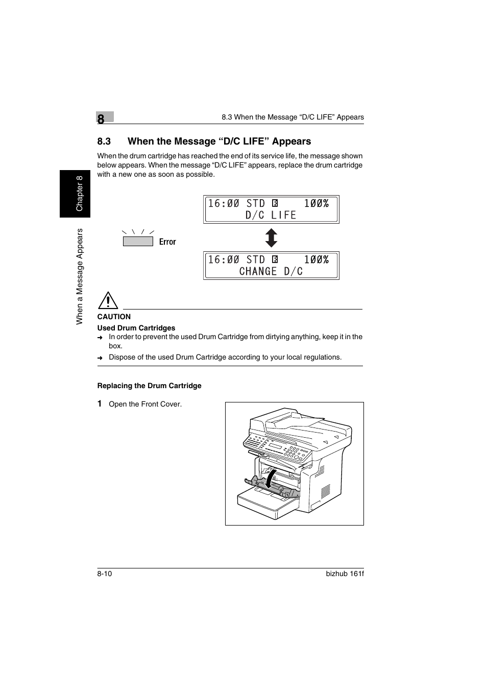 3 when the message “d/c life” appears, Replacing the drum cartridge, When the message “d/c life” appears -10 | Replacing the drum cartridge -10 | Konica Minolta bizhub 161f User Manual | Page 239 / 284