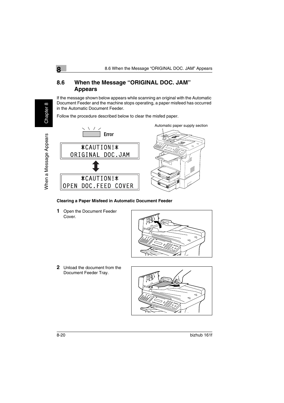 6 when the message “original doc. jam” appears, When the message “original doc. jam” appears -20 | Konica Minolta bizhub 161f User Manual | Page 249 / 284