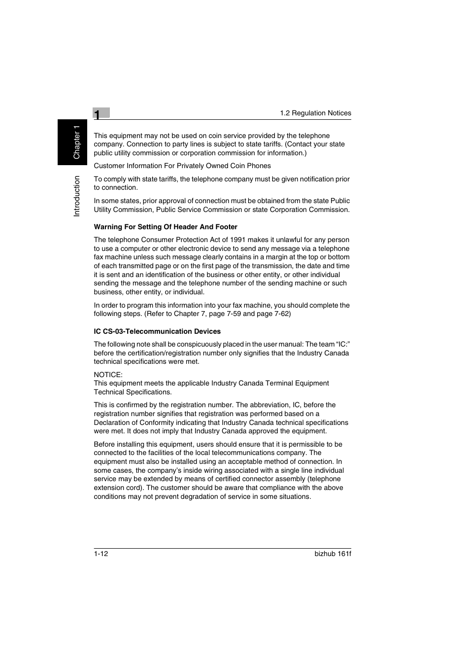 Warning for setting of header and footer, Ic cs-03-telecommunication devices | Konica Minolta bizhub 161f User Manual | Page 25 / 284