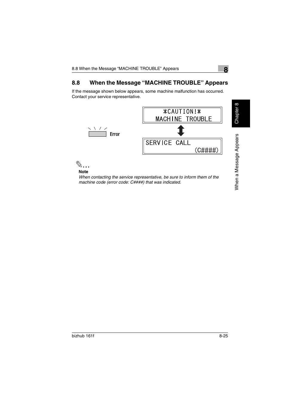 8 when the message “machine trouble” appears, When the message “machine trouble” appears -25 | Konica Minolta bizhub 161f User Manual | Page 254 / 284