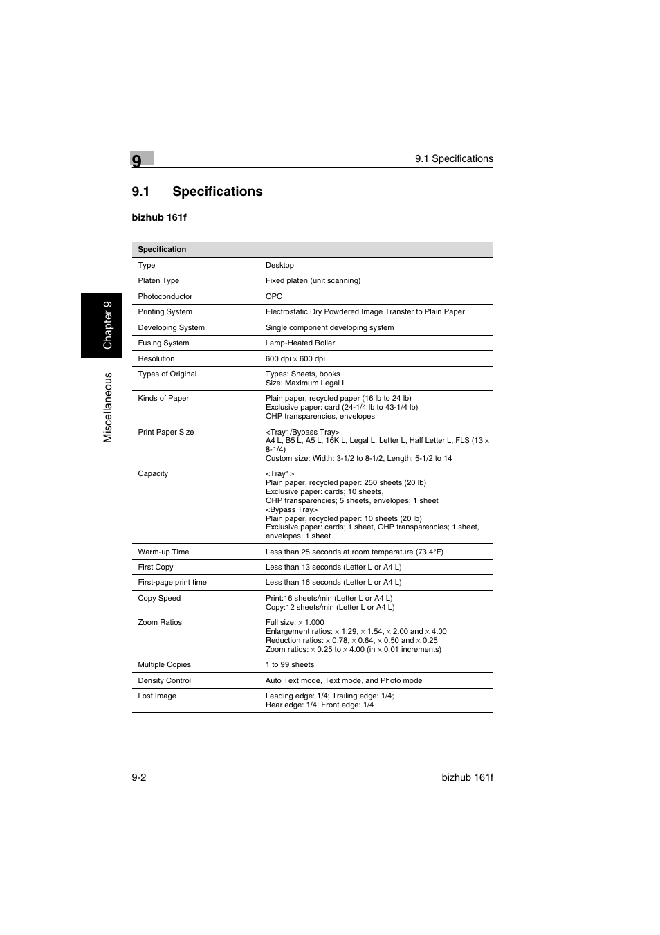 1 specifications, Bizhub 161f, Specifications -2 | Bizhub 161f -2, Mis c e llan eou s chap ter 9 | Konica Minolta bizhub 161f User Manual | Page 265 / 284