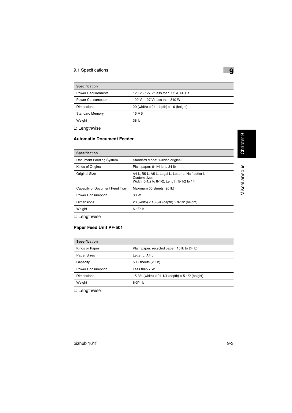 Automatic document feeder, Paper feed unit pf-501, Mis c e llan eou s chap ter 9 | Konica Minolta bizhub 161f User Manual | Page 266 / 284