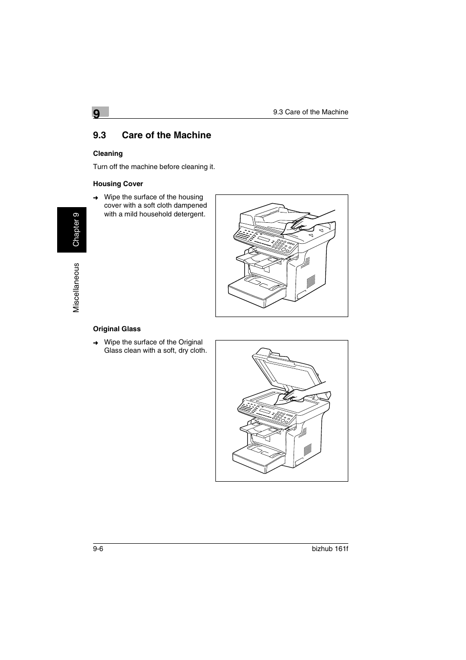 3 care of the machine, Cleaning, Housing cover | Original glass, Care of the machine -6, Cleaning -6 housing cover -6 original glass -6, P. 9-6) | Konica Minolta bizhub 161f User Manual | Page 269 / 284