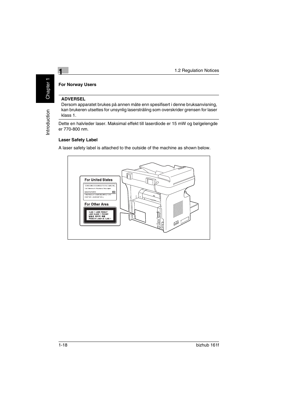 For norway users, Laser safety label, For norway users -18 laser safety label -18 | Konica Minolta bizhub 161f User Manual | Page 31 / 284