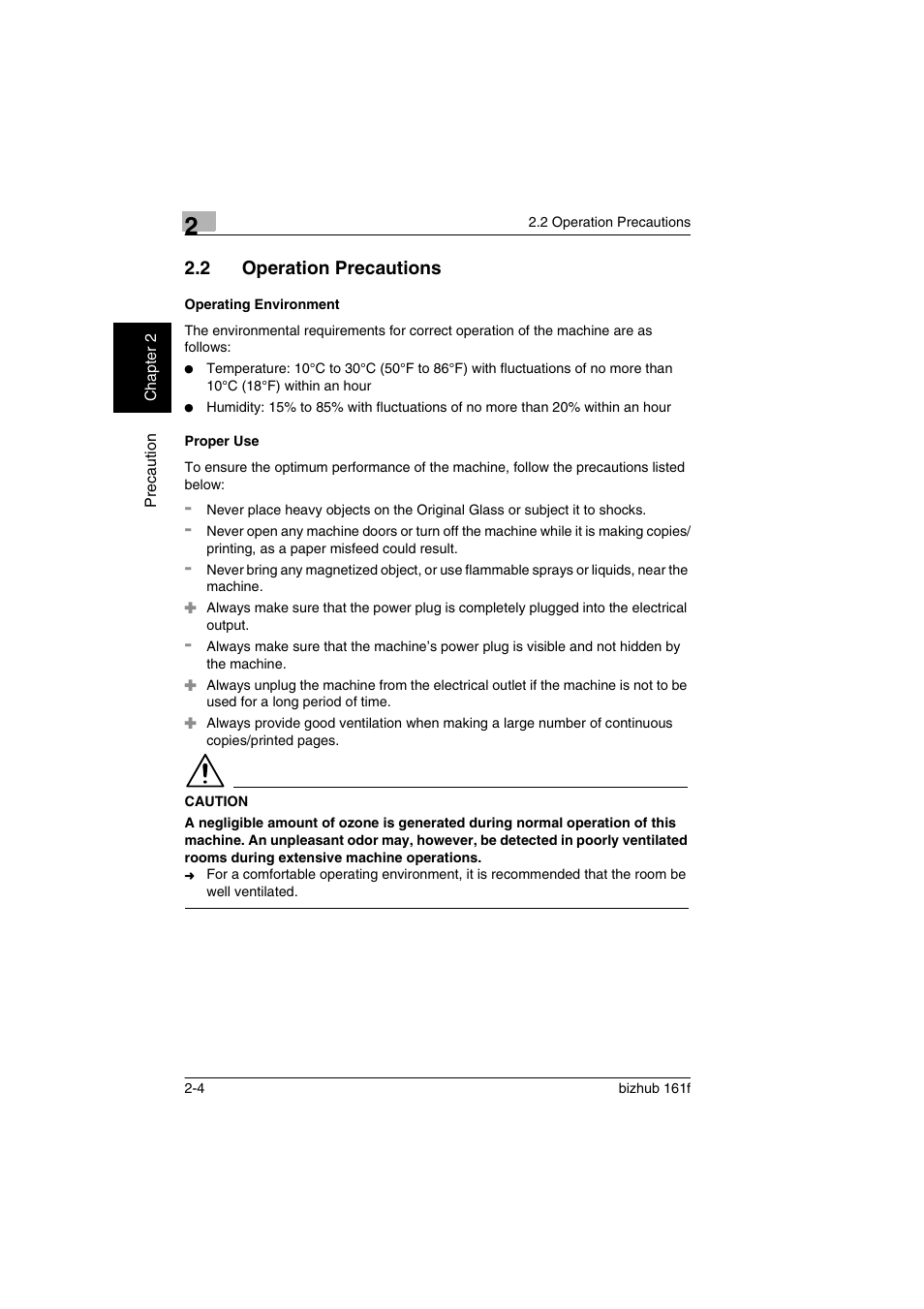 2 operation precautions, Operating environment, Proper use | Operation precautions -4, Operating environment -4 proper use -4 | Konica Minolta bizhub 161f User Manual | Page 41 / 284