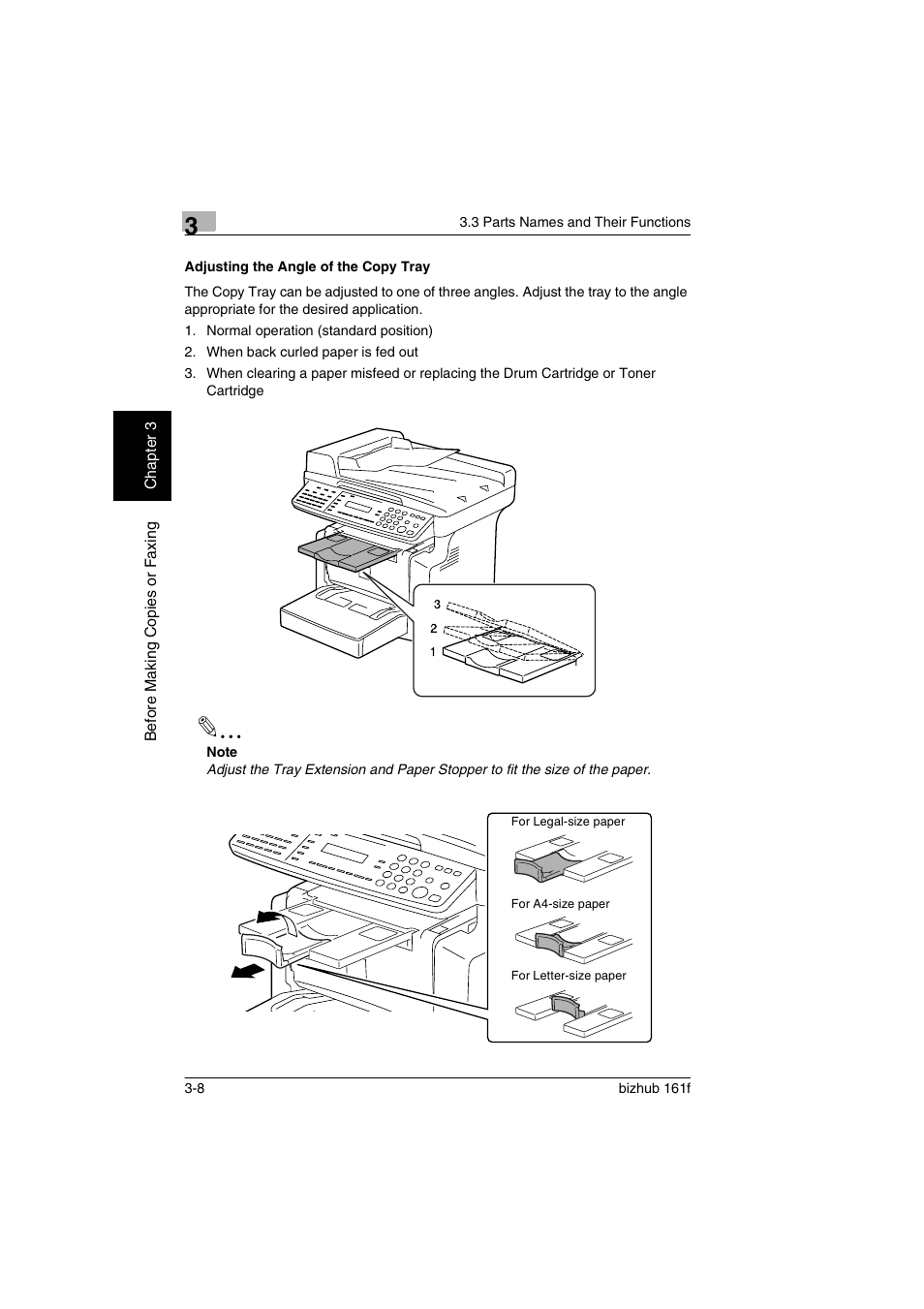 Adjusting the angle of the copy tray, Adjusting the angle of the copy tray -8, P. 3-8) | Konica Minolta bizhub 161f User Manual | Page 51 / 284