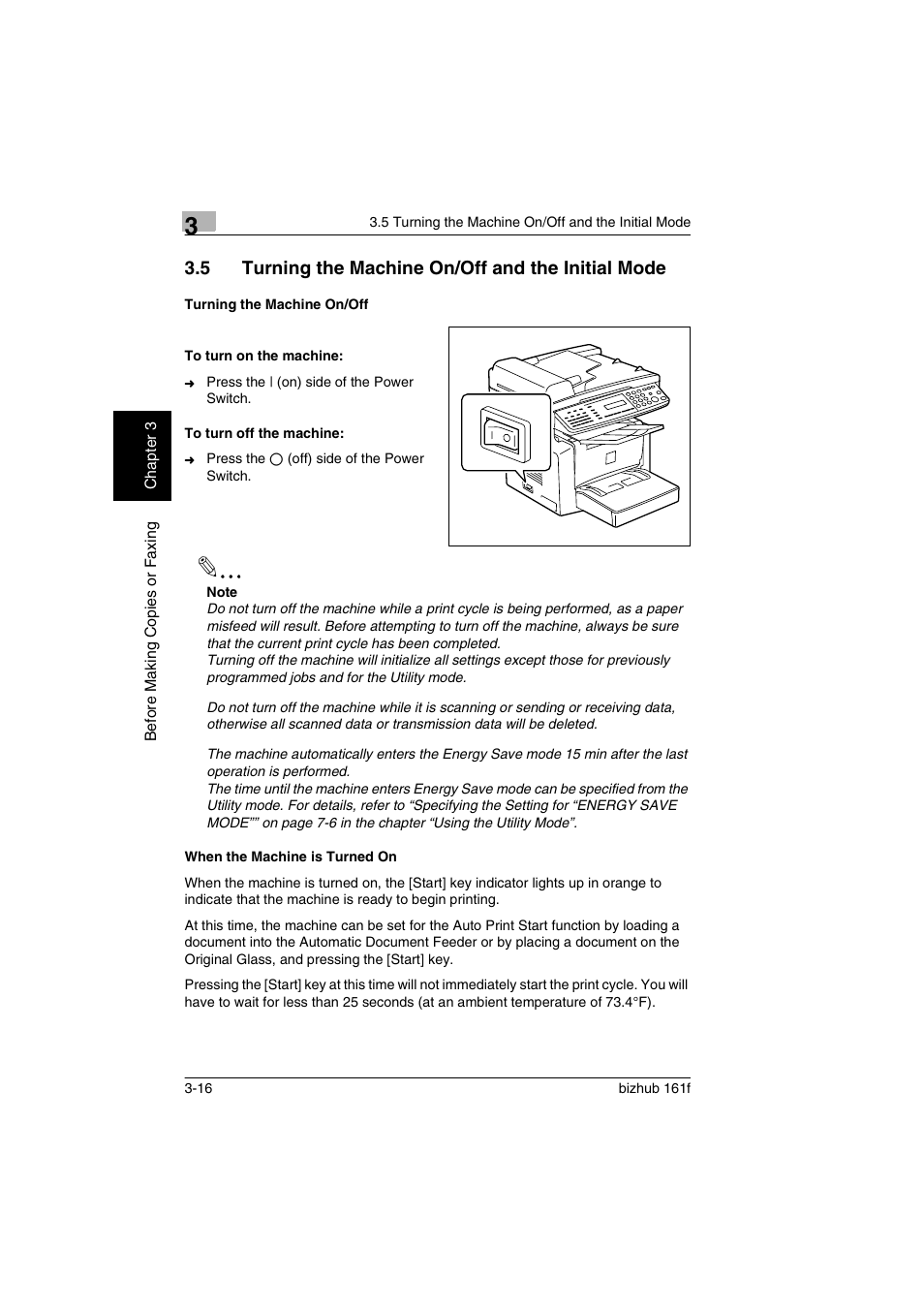 5 turning the machine on/off and the initial mode, Turning the machine on/off, To turn on the machine | To turn off the machine, When the machine is turned on, P. 3-16) | Konica Minolta bizhub 161f User Manual | Page 59 / 284