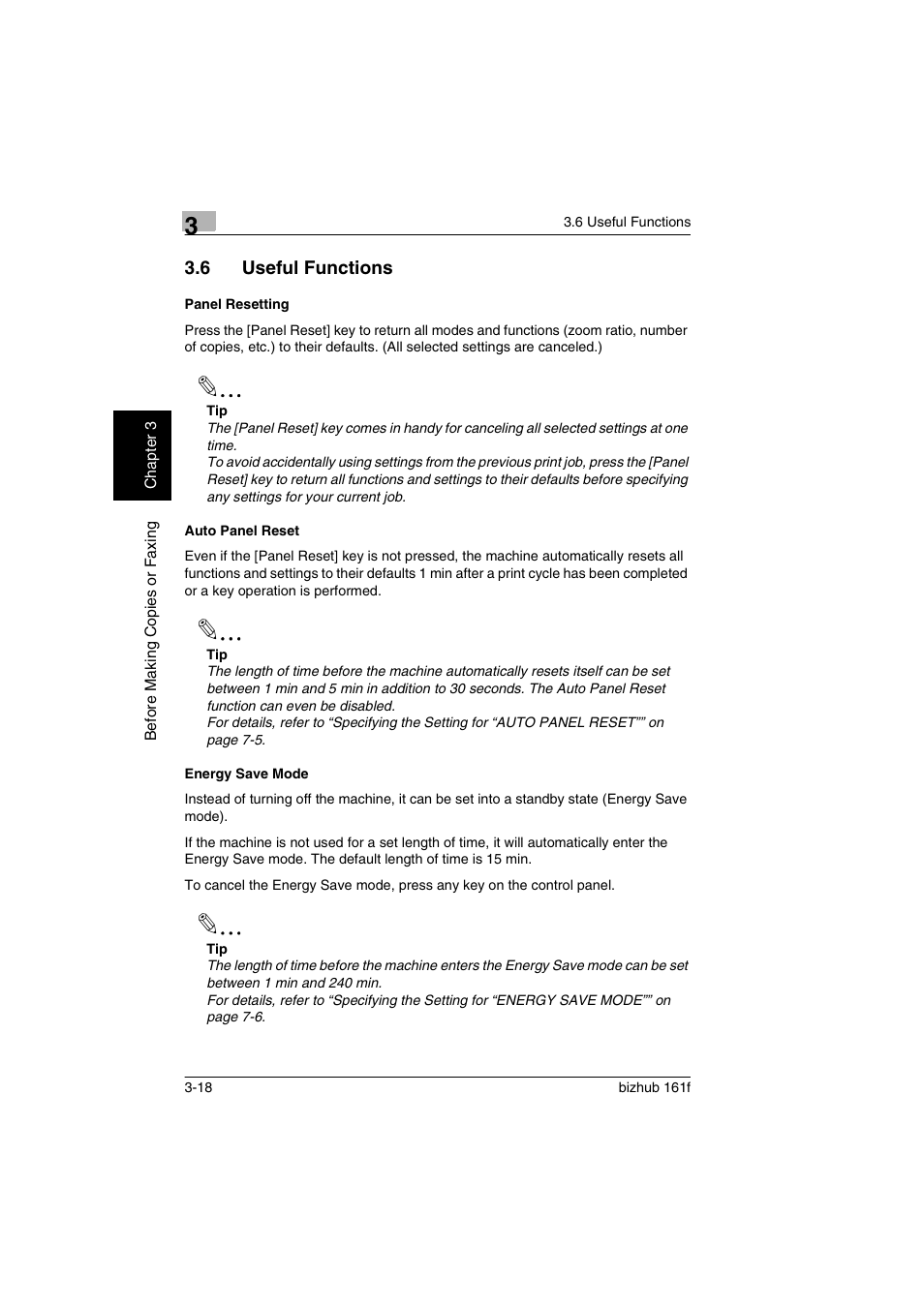 6 useful functions, Panel resetting, Auto panel reset | Energy save mode, Useful functions -18 | Konica Minolta bizhub 161f User Manual | Page 61 / 284