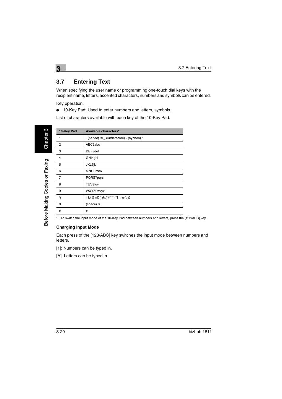 7 entering text, Charging input mode, Entering text -20 | Charging input mode -20 | Konica Minolta bizhub 161f User Manual | Page 63 / 284