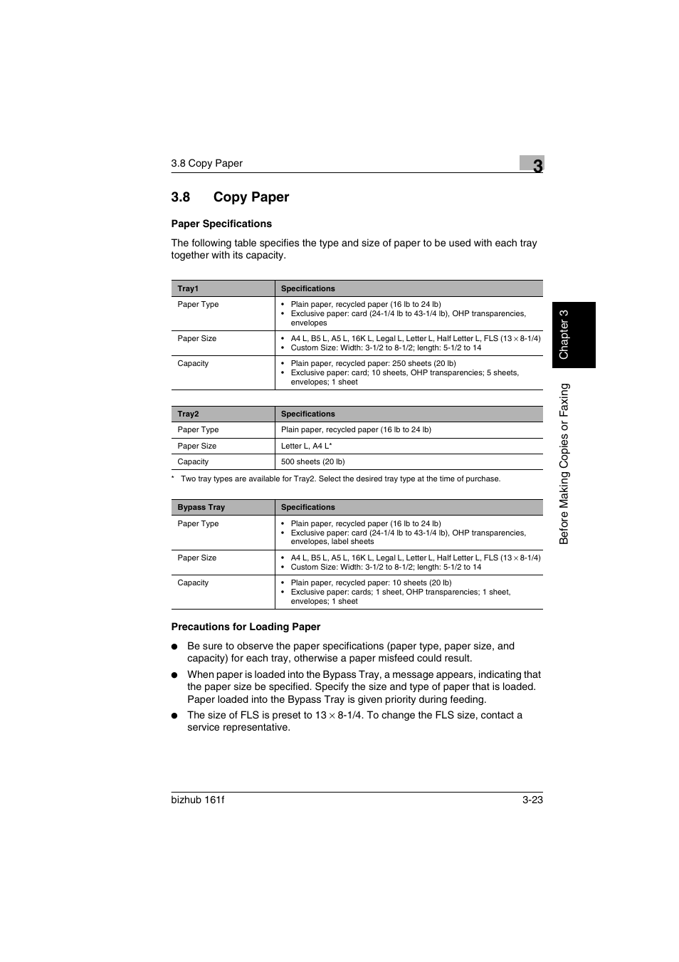 8 copy paper, Paper specifications, Precautions for loading paper | Copy paper -23, P. 3-23) | Konica Minolta bizhub 161f User Manual | Page 66 / 284