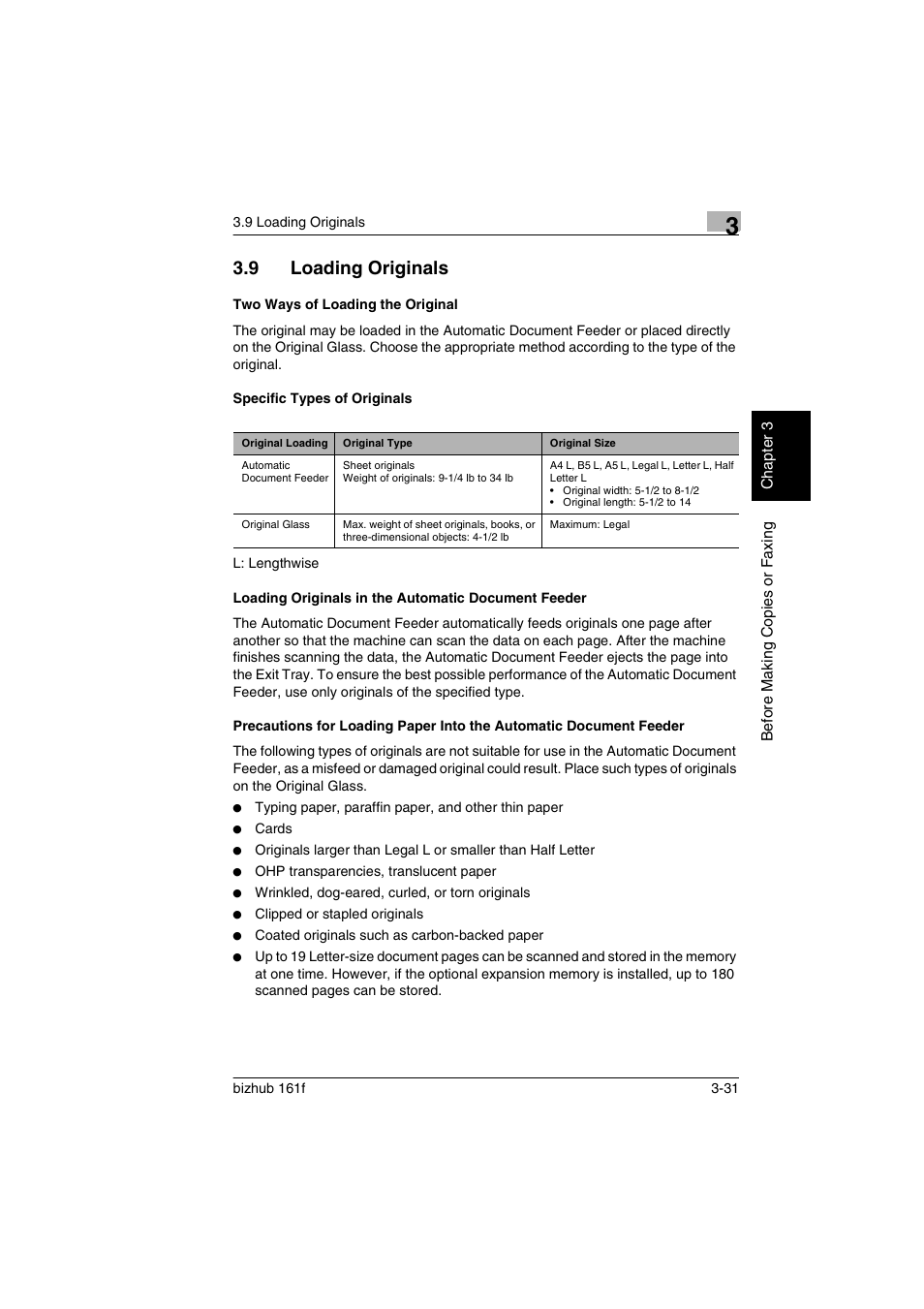 9 loading originals, Two ways of loading the original, Specific types of originals | Loading originals in the automatic document feeder, Loading originals -31 | Konica Minolta bizhub 161f User Manual | Page 74 / 284