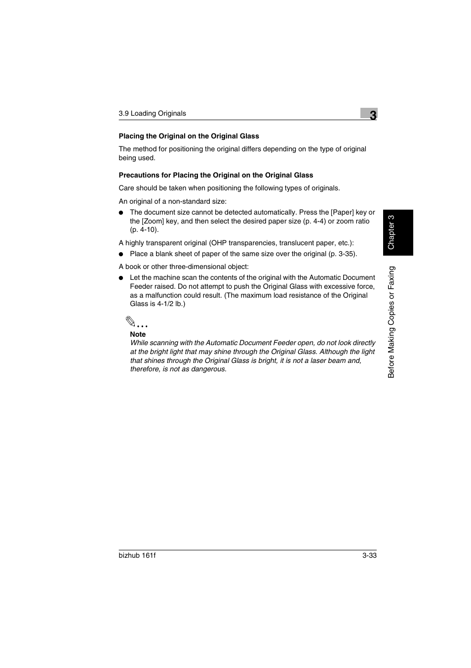 Placing the original on the original glass, P. 3-33), P. 3-33 | Konica Minolta bizhub 161f User Manual | Page 76 / 284