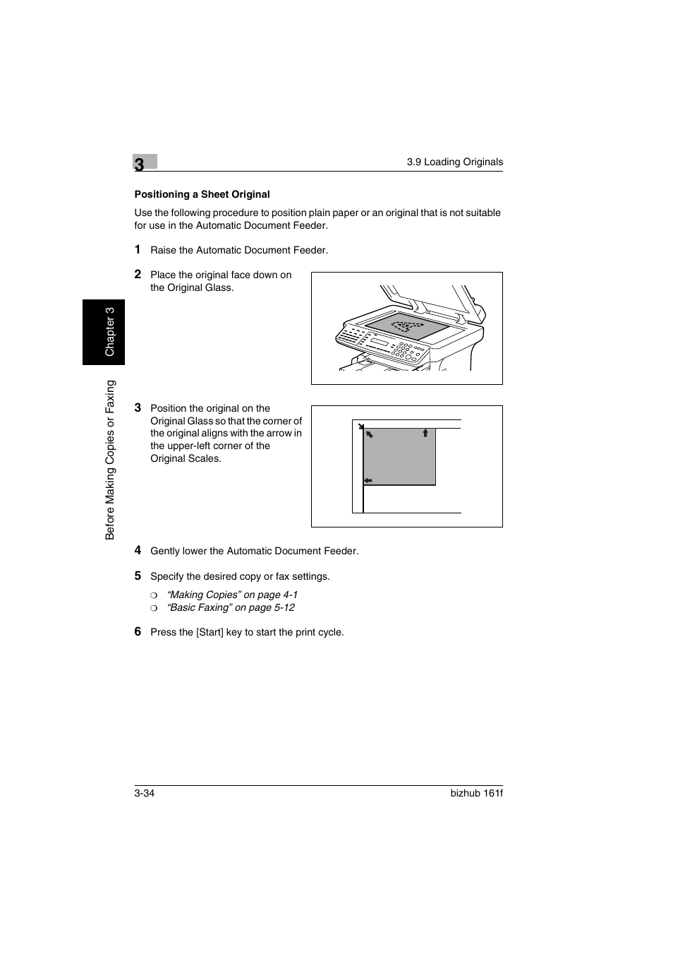 Positioning a sheet original, Positioning a sheet original -34 | Konica Minolta bizhub 161f User Manual | Page 77 / 284