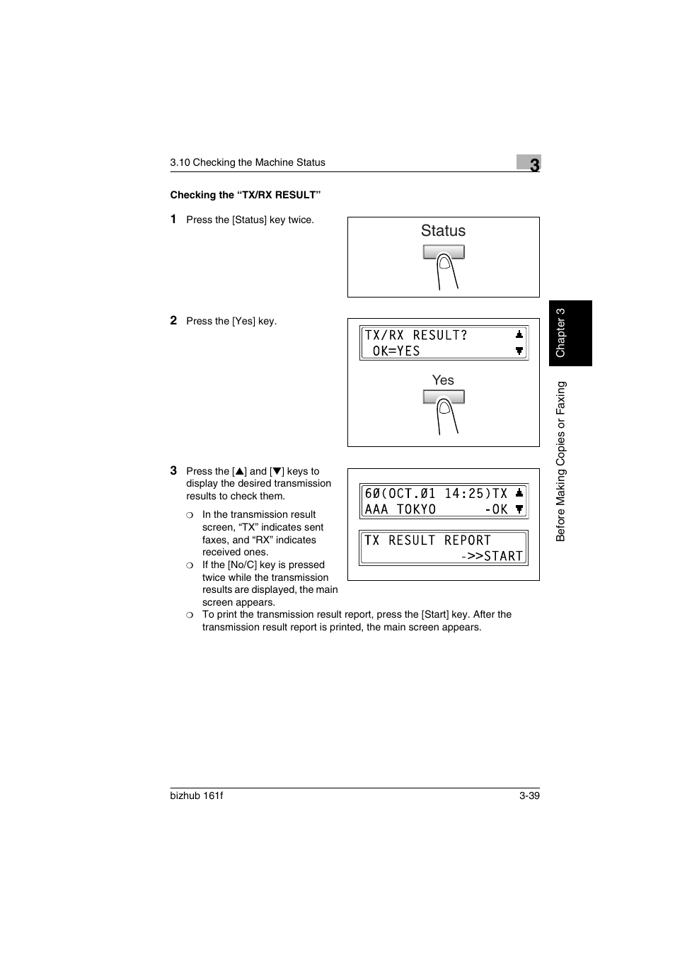 Checking the “tx/rx result, Checking the “tx/rx result” -39, Status | Konica Minolta bizhub 161f User Manual | Page 82 / 284