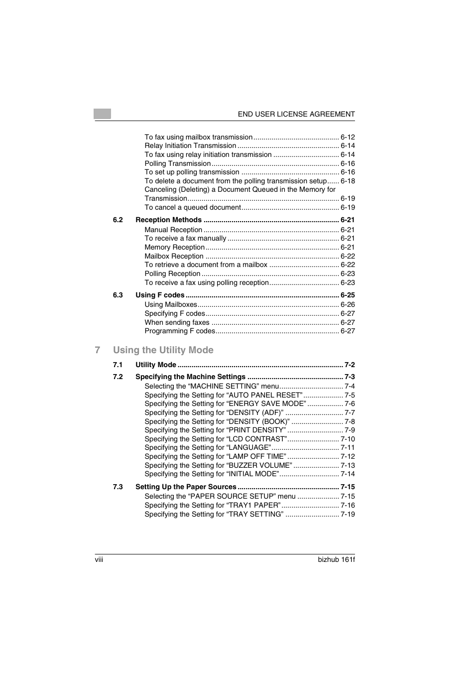 7using the utility mode | Konica Minolta bizhub 161f User Manual | Page 9 / 284