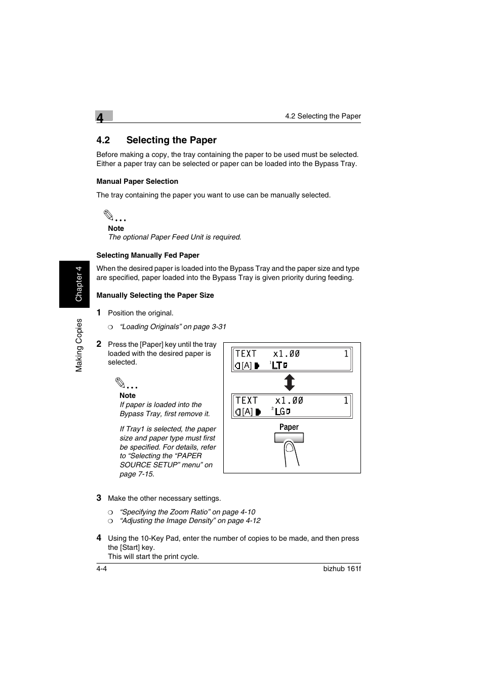 2 selecting the paper, Manual paper selection, Selecting manually fed paper | Manually selecting the paper size, Selecting the paper -4 | Konica Minolta bizhub 161f User Manual | Page 91 / 284