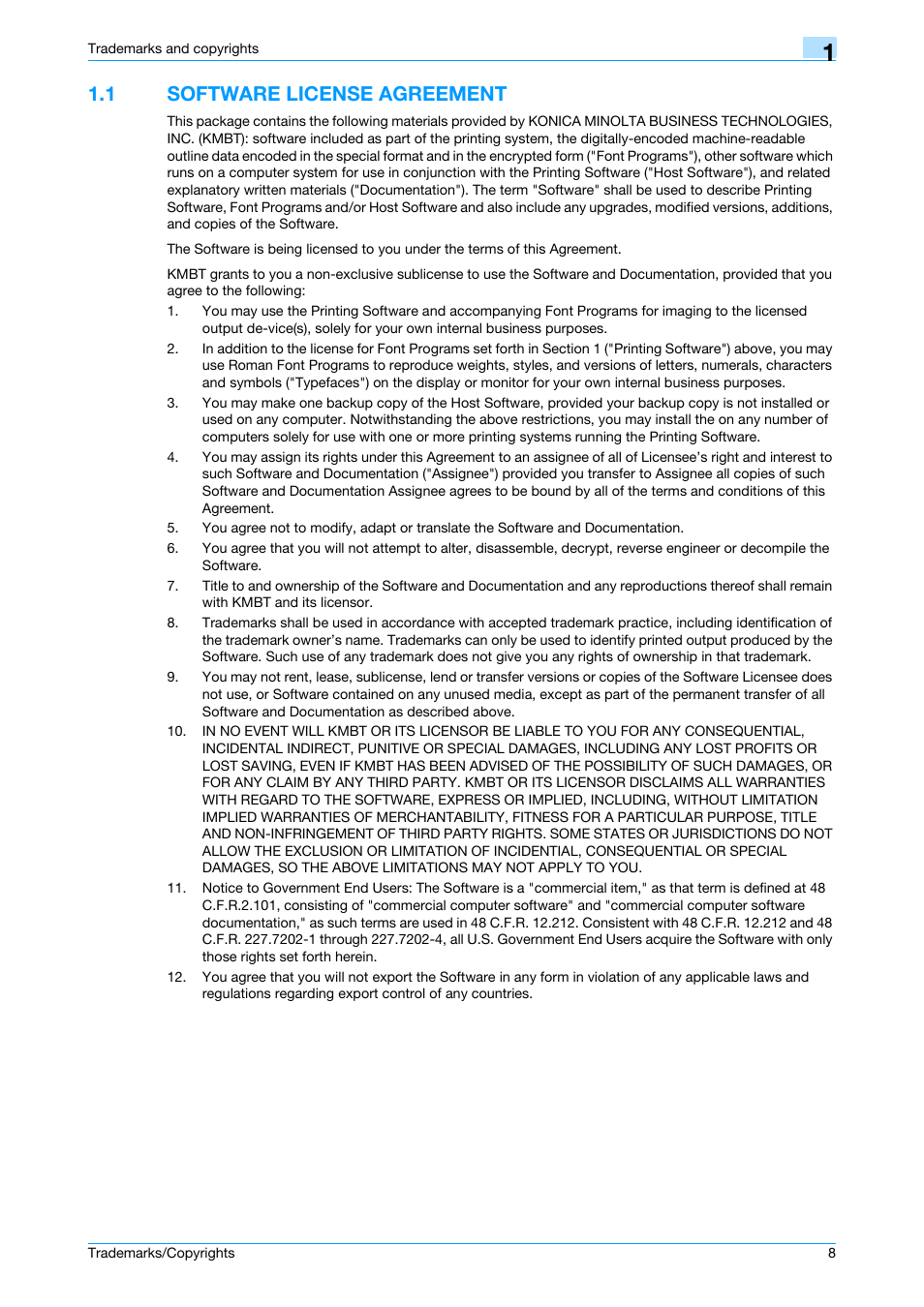 1 software license agreement | Konica Minolta bizhub 361 User Manual | Page 9 / 10