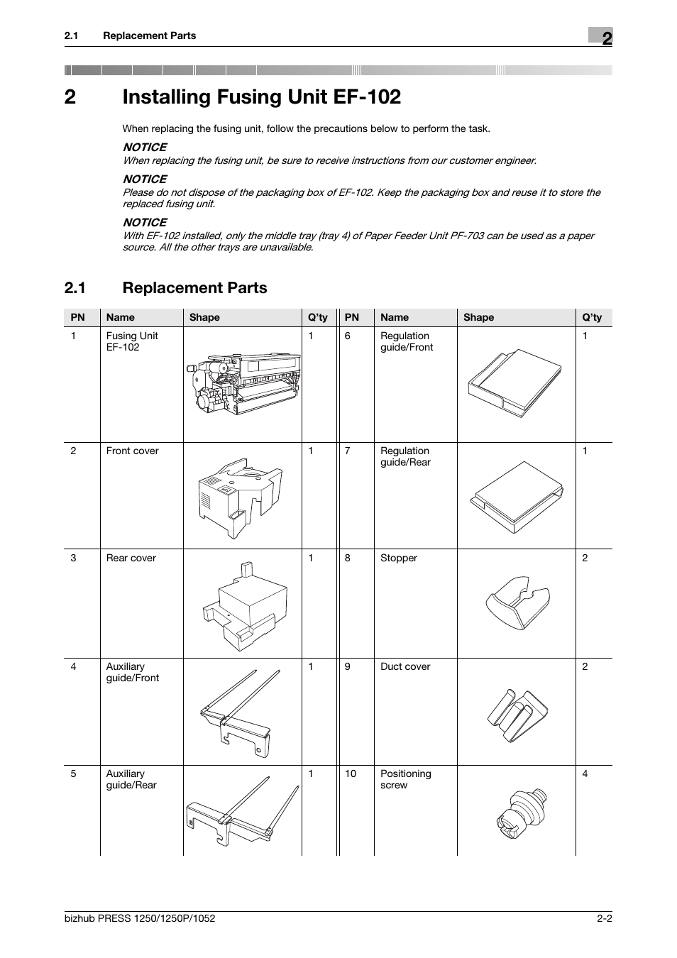 2 installing fusing unit ef-102, 1 replacement parts, Installing fusing unit ef-102 | Replacement parts -2, 2installing fusing unit ef-102 | Konica Minolta bizhub PRESS 1052 User Manual | Page 12 / 42